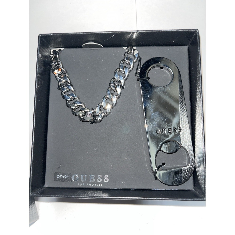 Guess Men's Chain Necklace & Bottle Opener Set Silver Tone 24"+2" NIB